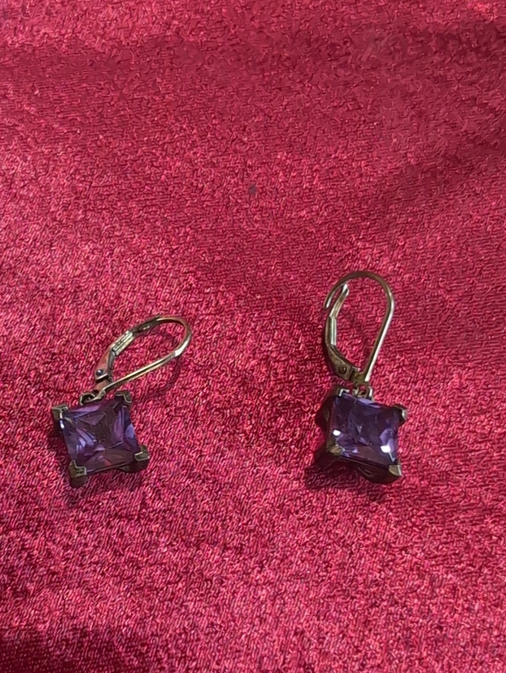 Silver Leverback Earrings with Purple Square Gemstones
